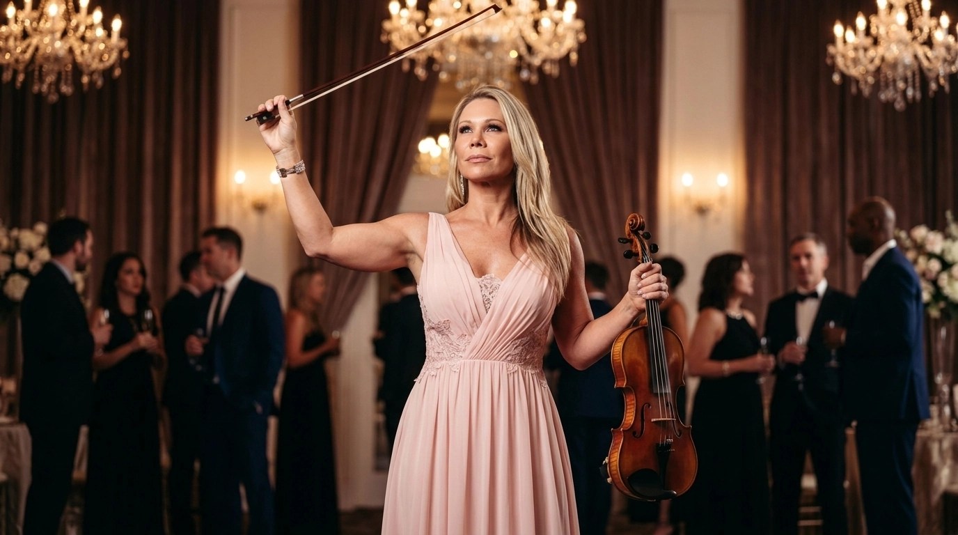 Elegant violinist in a light pink gown with bow raised high