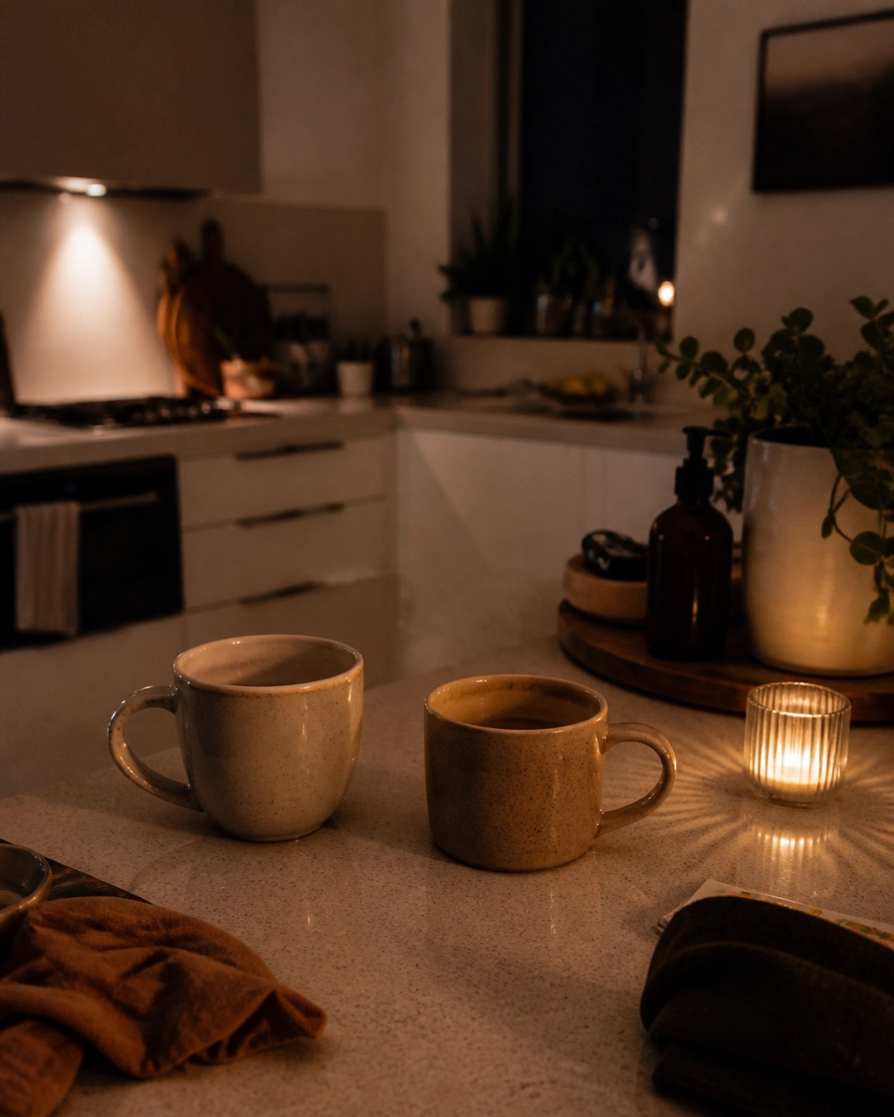 Two ceramic mugs sitting on a kitchen bench at night, representing a quiet, stolen moment between a husband and wife.