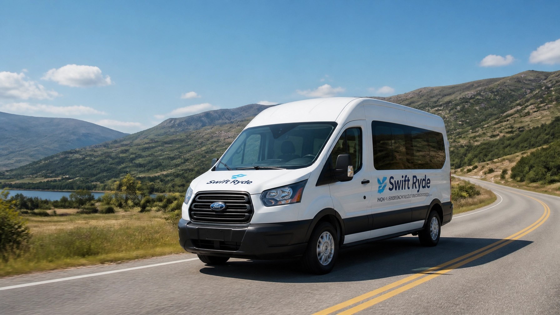 A Swift Ryde van driving through a scenic rural area, highlighting access for remote patients.