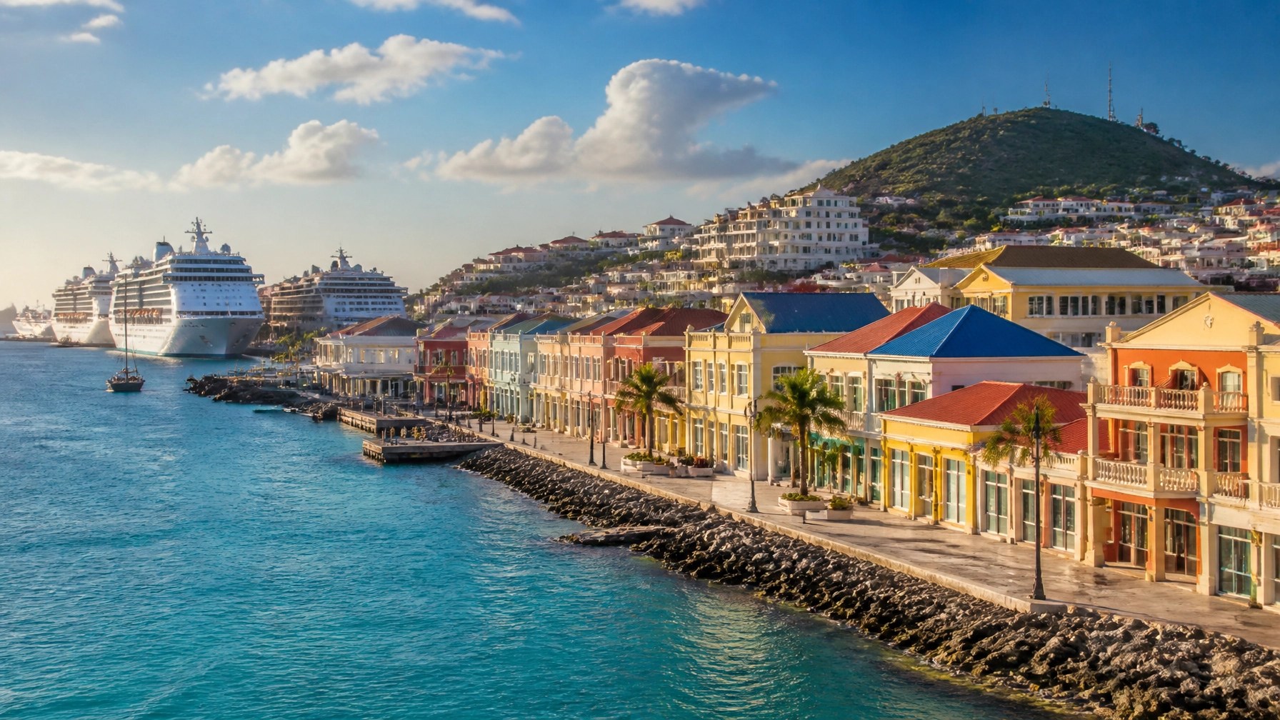 Colorful Philipsburg waterfront and Great Bay with a cruise ship offshore