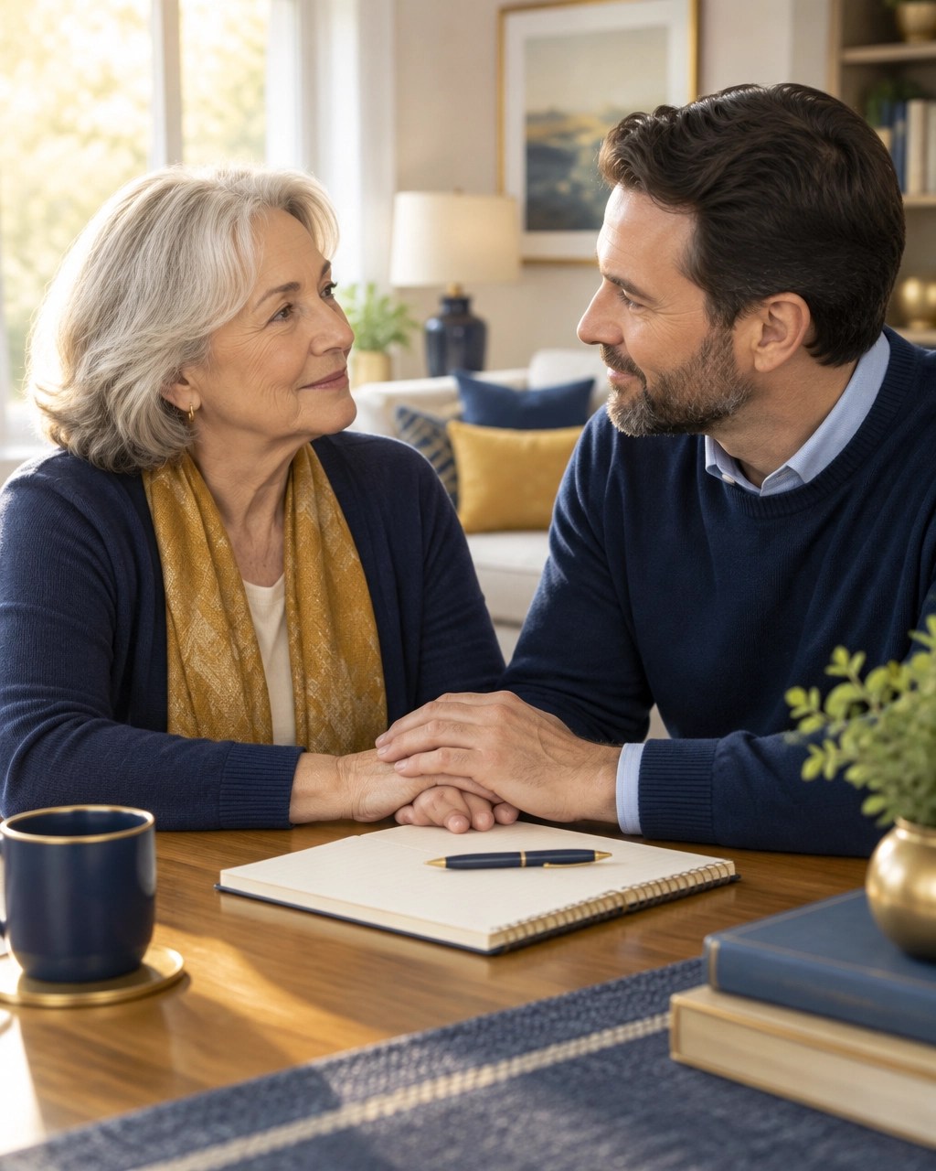 Senior woman and adult son discussing end-of-life planning at home