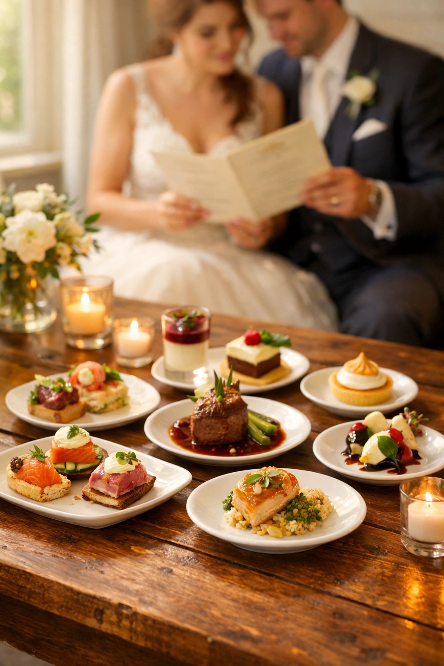 Wedding food tasting with gourmet samples and couple reviewing catering menus