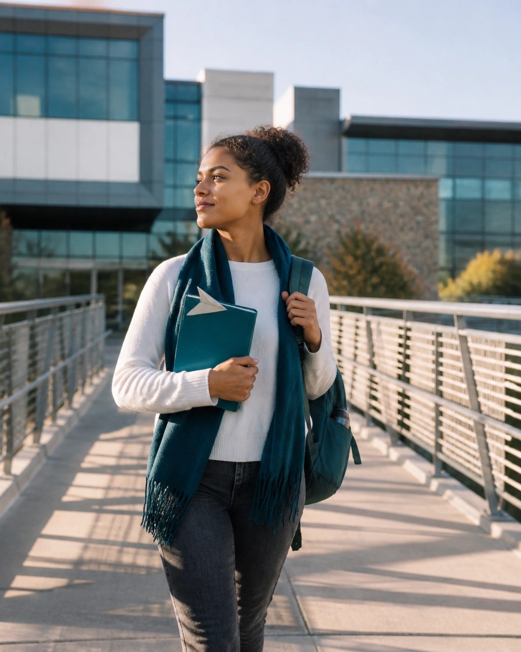 A diverse student walks across a campus bridge carrying a teal book with a paper plane bookmark