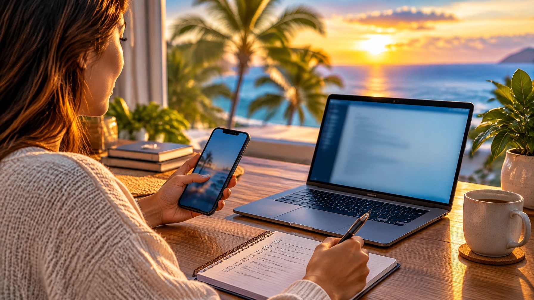 A person using a smartphone and laptop at a calm home workspace with a travel view in the background