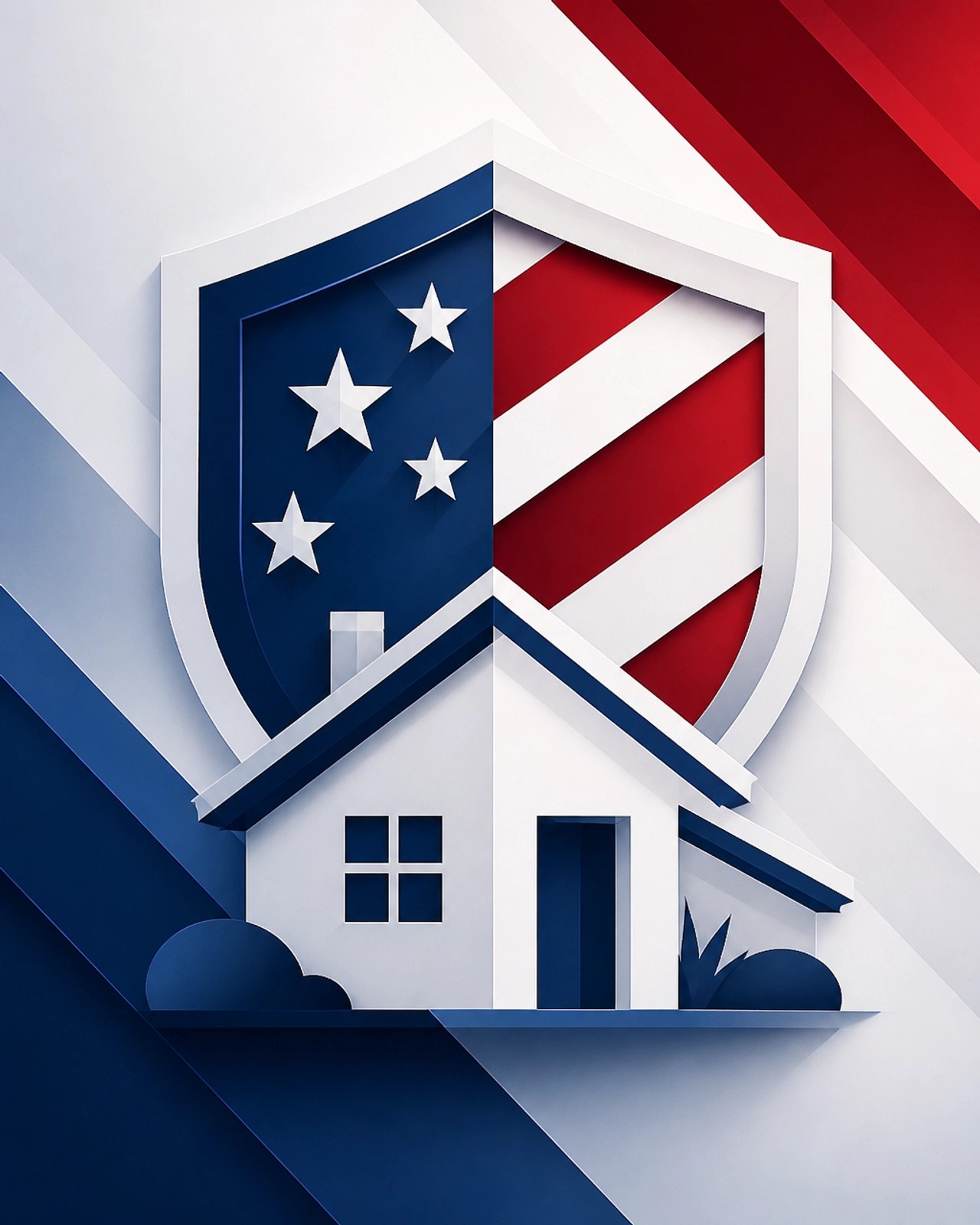 A sleek, modern geometric representation of a house integrated with a patriotic shield, symbolizing home ownership support.