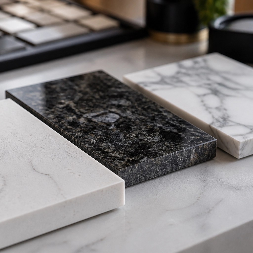 Comparison of quartz, granite, and marble samples on a designer's table