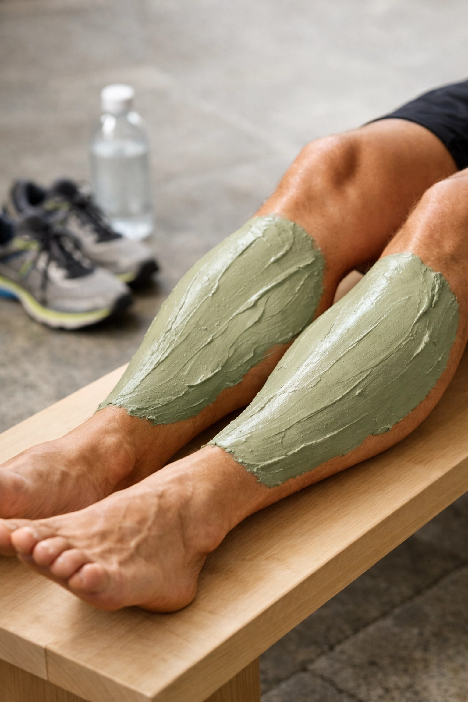 Green mineral clay applied to a runner's legs for marathon recovery and muscle inflammation relief.
