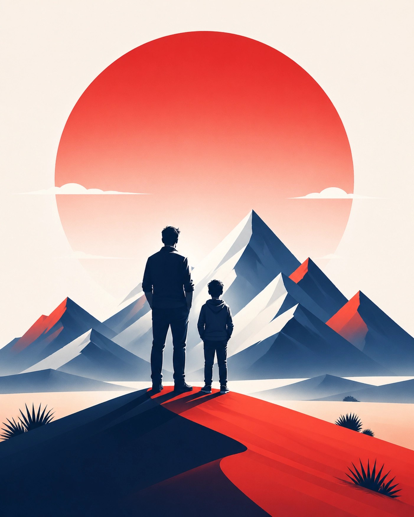 Silhouettes of a father and son on a desert dune representing family bonding and adventure camp legacy.