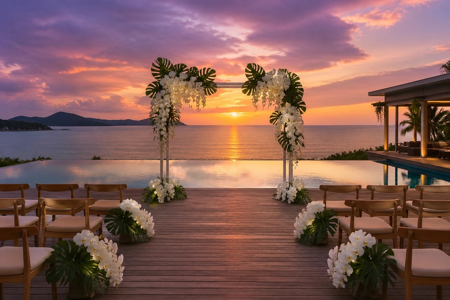Stunning LGBTQ+ destination wedding setup in Koh Samui, Thailand, featuring an infinity pool at sunset.