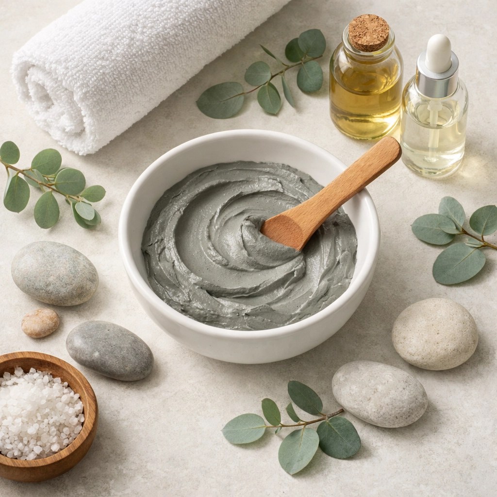 Bentonite clay face mask in bowl with natural spa ingredients for skin detox and healing