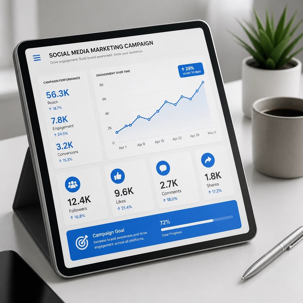A tablet displaying a social media marketing campaign dashboard with growth charts.