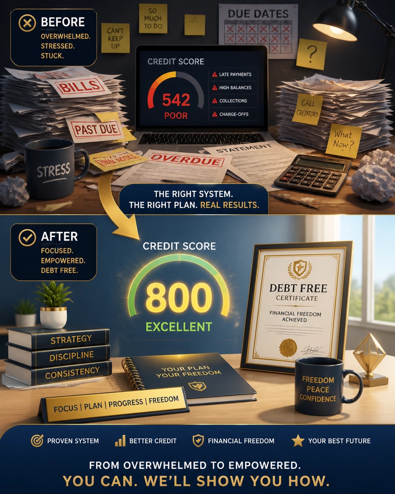 A conceptual transformation from financial stress to clarity and high credit scores.