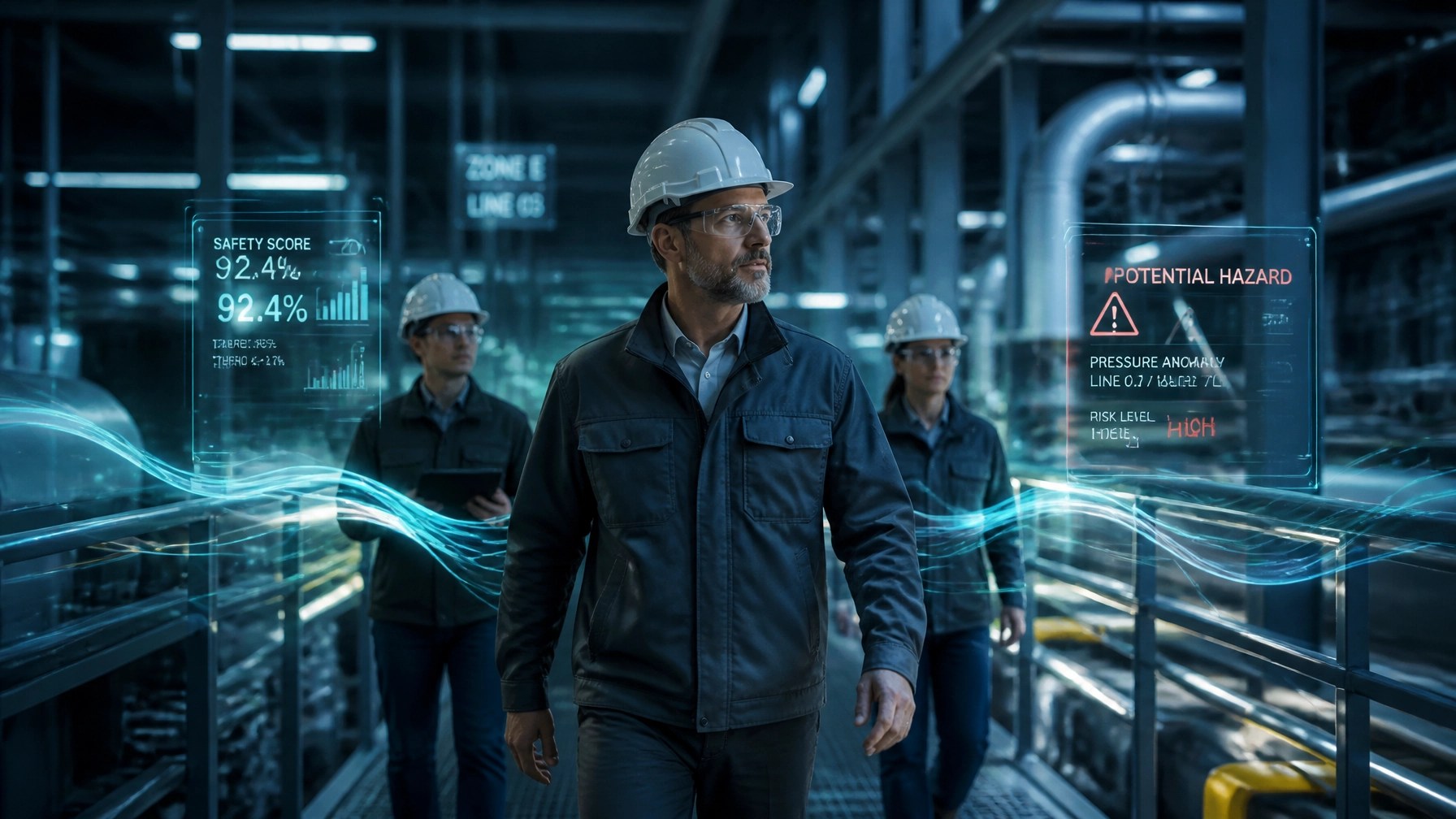 A cinematic industrial safety visual showing a leader walking through a modern operations floor with augmented-reality hazard signals and calm nervous-system inspired light trails.
