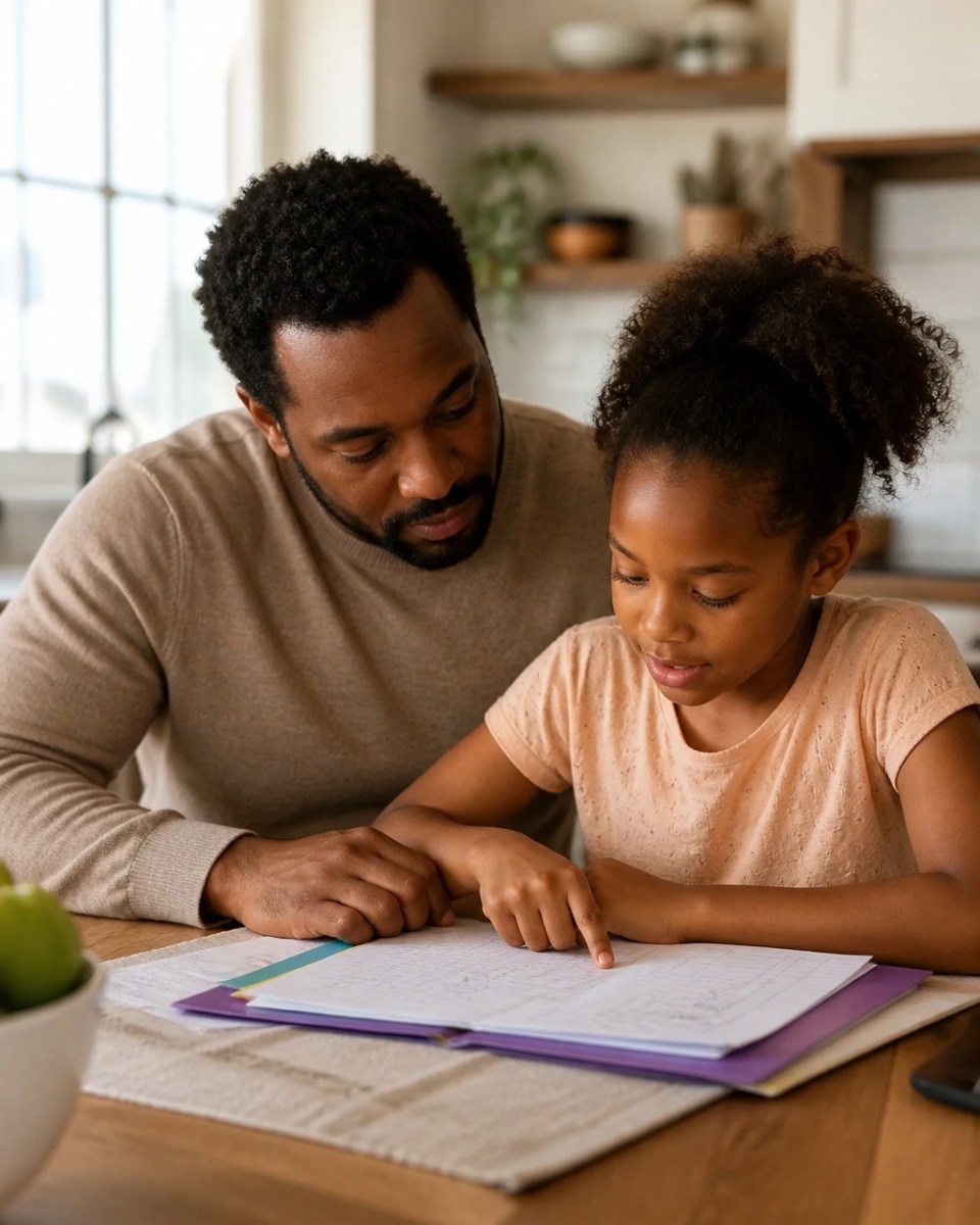 Black father and daughter reviewing schoolwork and talking together at home