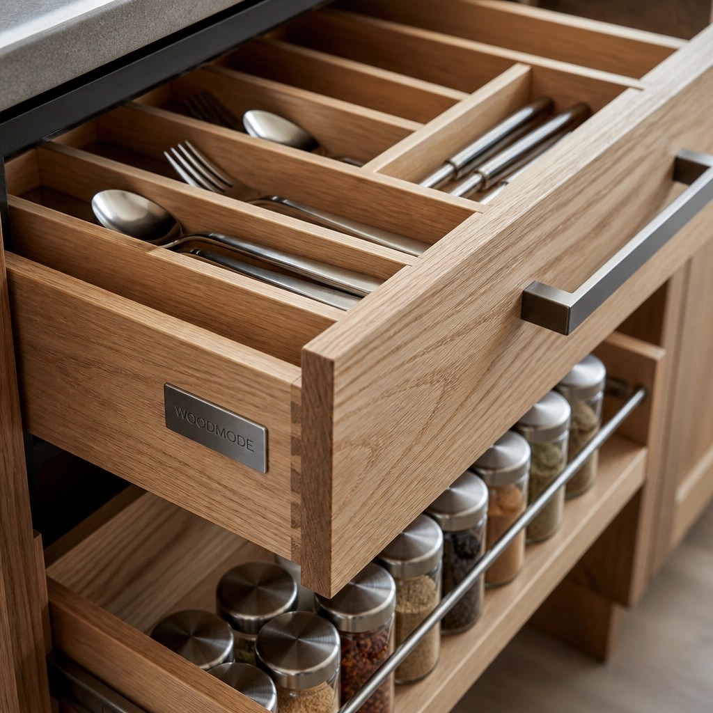 Detail of high-quality kitchen cabinetry featuring smart pull-out storage and smooth-gliding wooden drawers.
