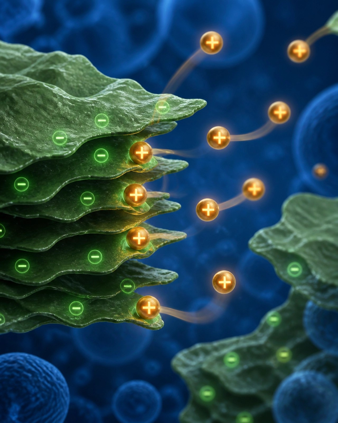 An abstract scientific illustration showing the Cation Exchange process where clay binds to toxins