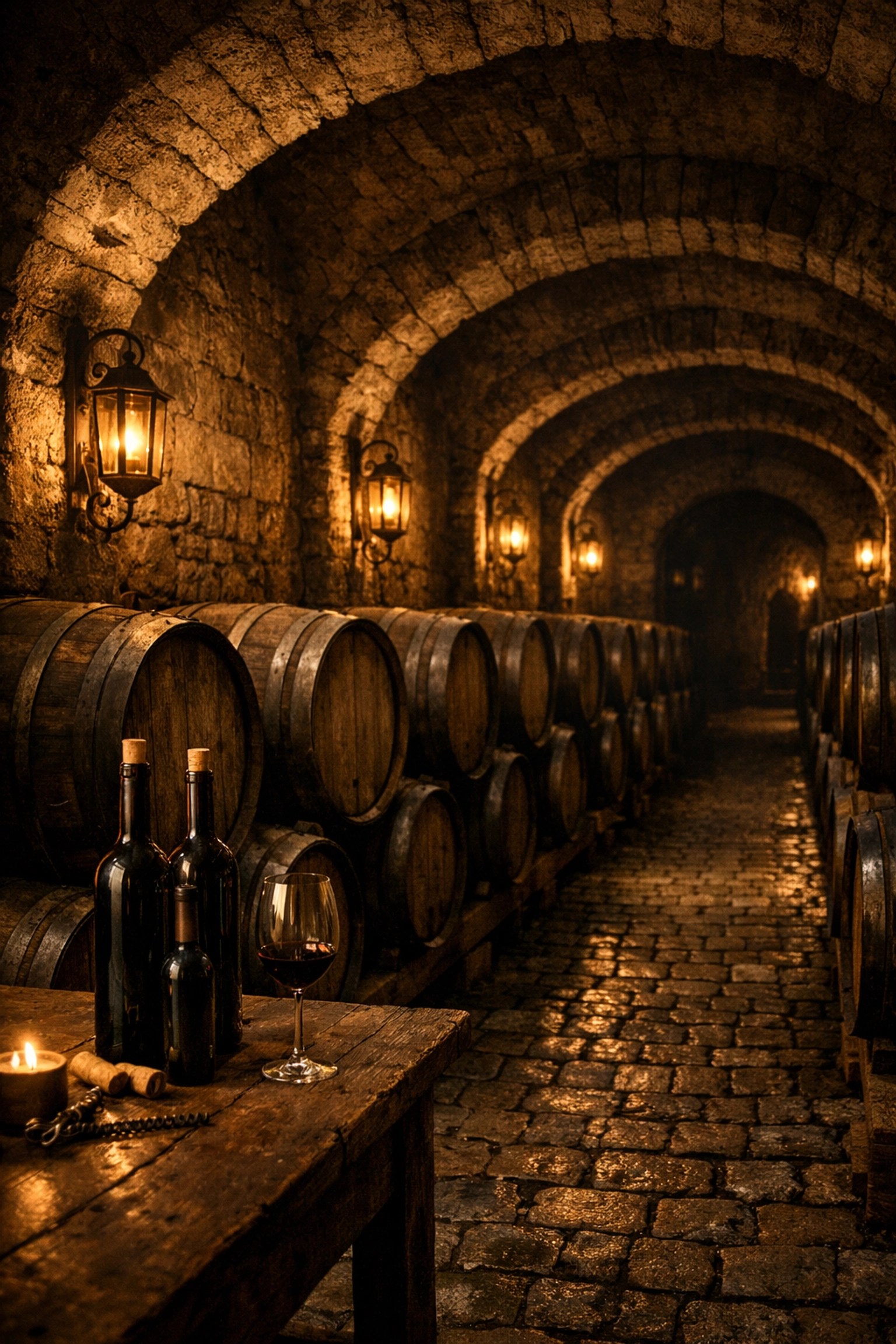 Historic wine cellar with oak barrels in Tuscany estate
