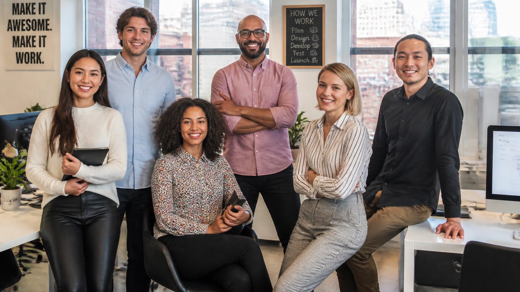 Professional and diverse group of small business employees in a NY office