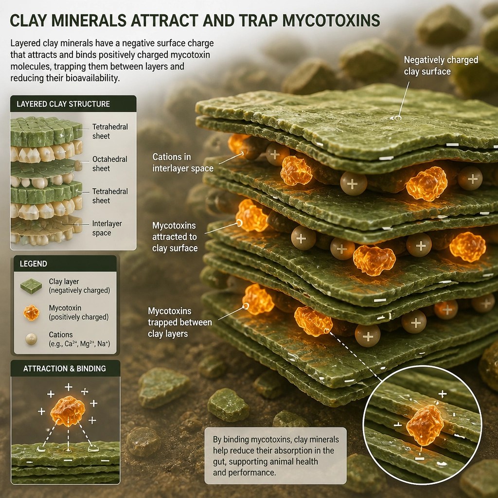 Microscopic illustration of clay layers trapping environmental toxins