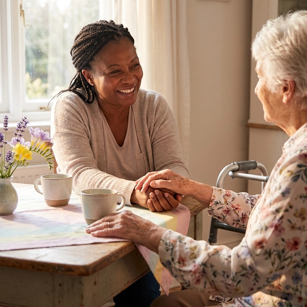 Caregiver holding hands with an elderly woman at breakfast, illustrating comfort and genuine companionship