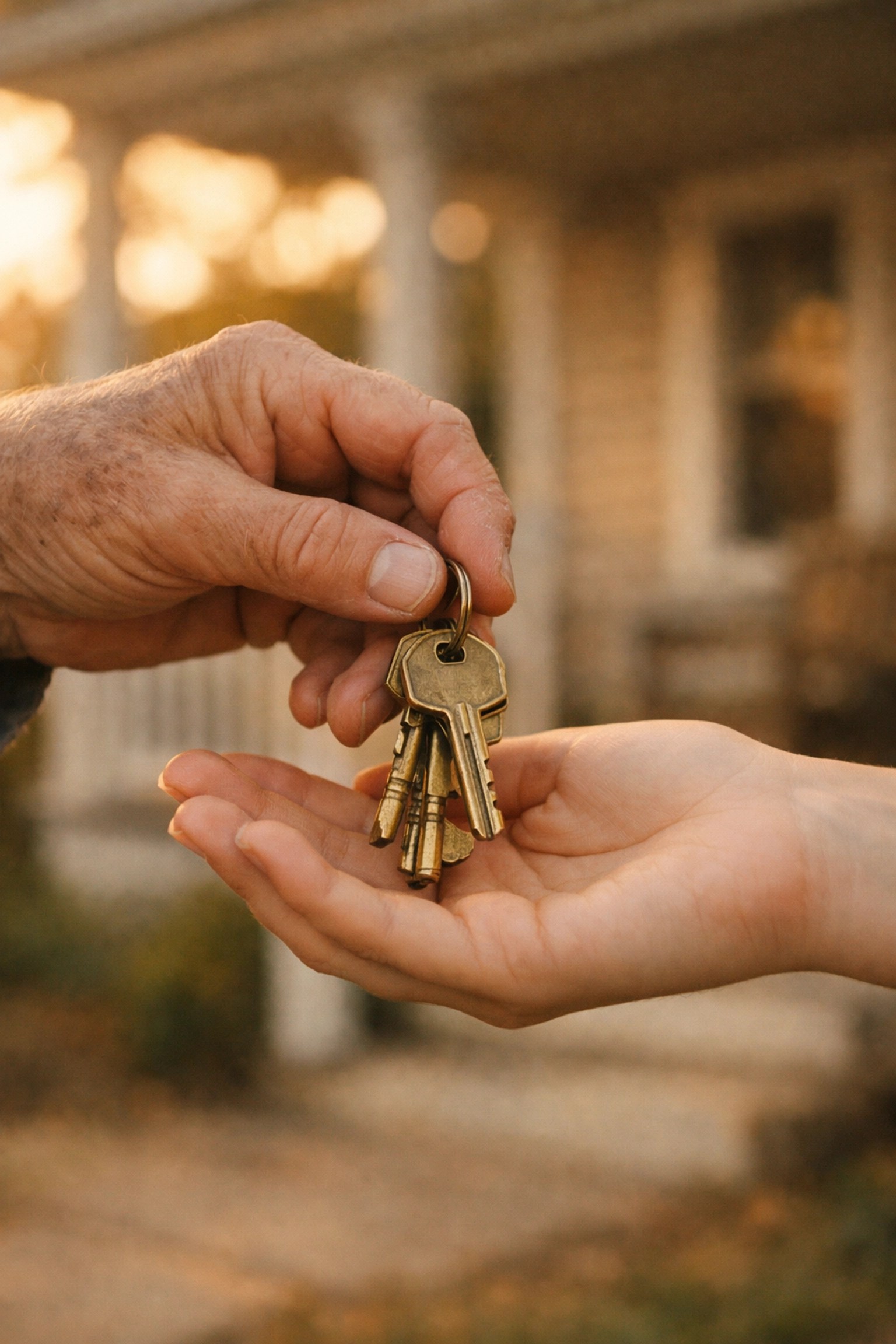 Older hands passing house keys to an heir, symbolizing how to avoid probate and protect a family home.