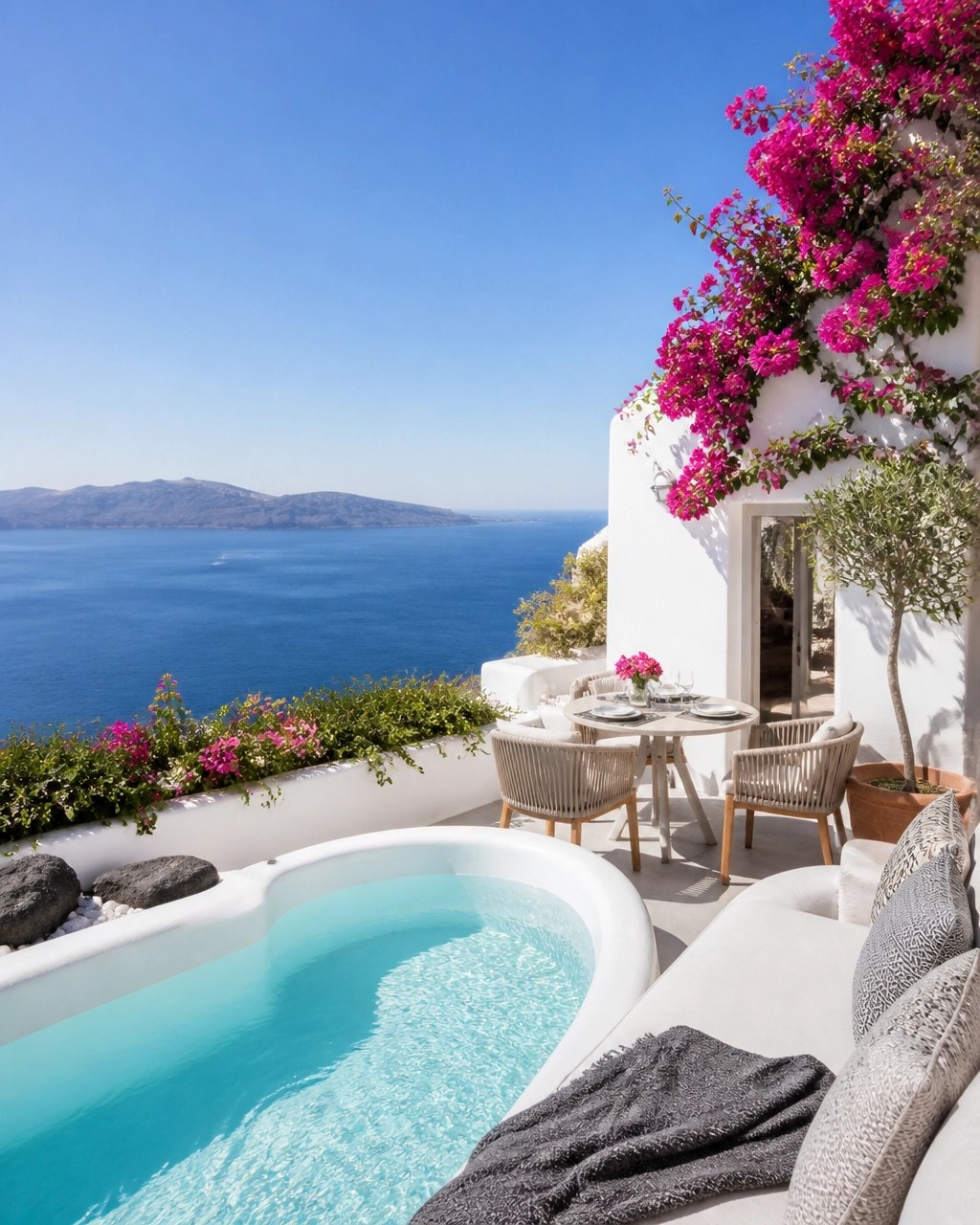 Quiet Santorini honeymoon villa overlooking the blue Aegean Sea