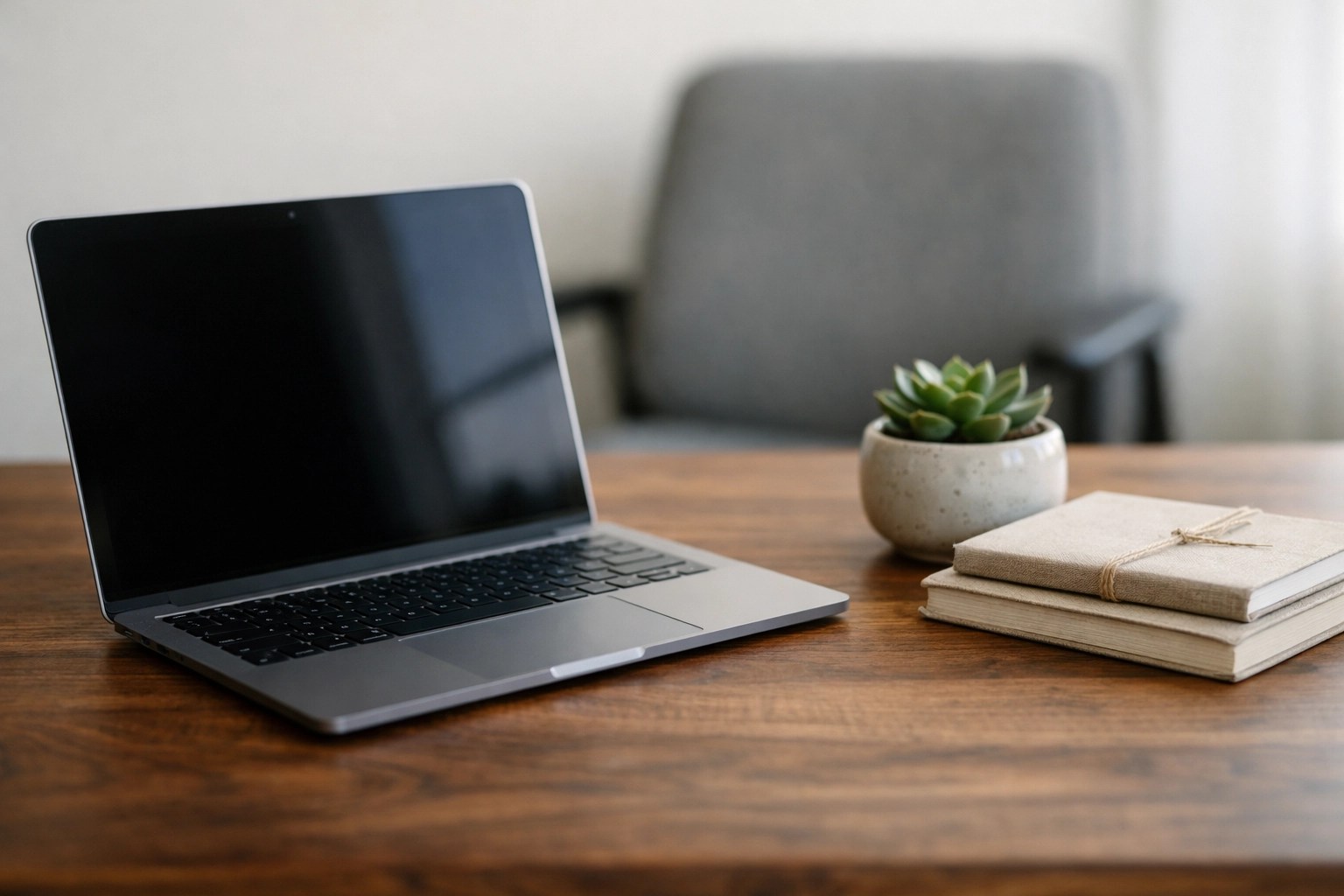 Modern laptop on a minimalist desk representing AI web design for small business growth.