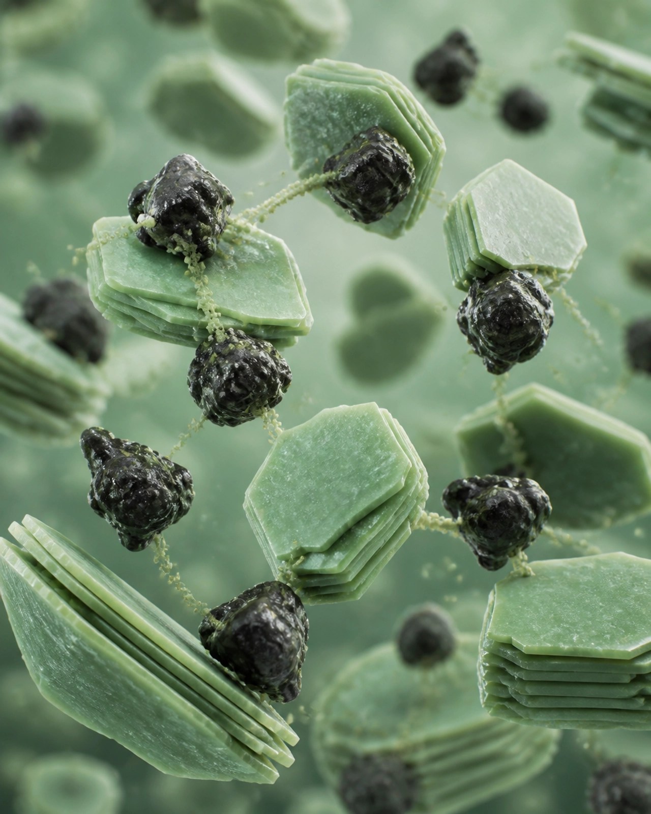Microscopic 3D illustration of clay particles binding to toxins