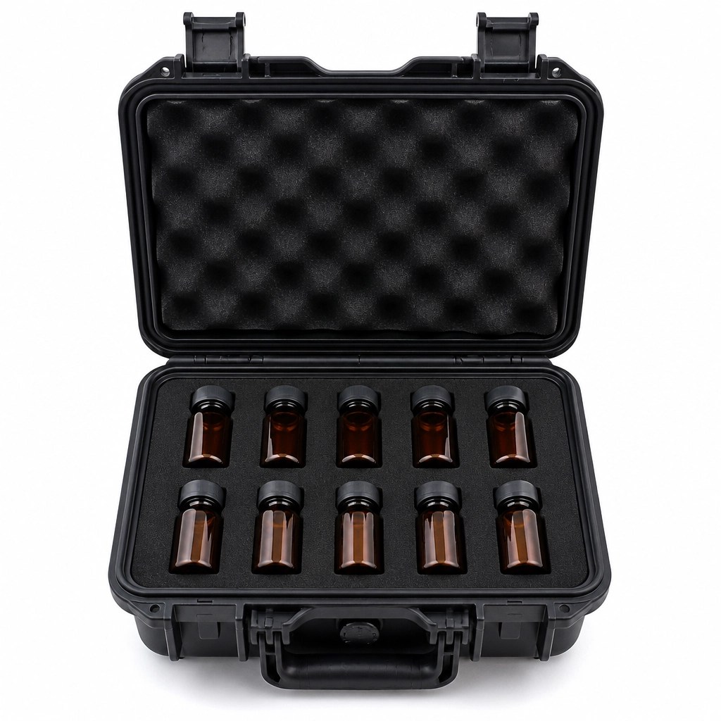Amber vials stored in a dark, padded protective case