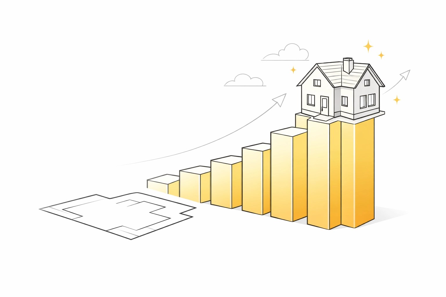 Graph illustration showing property value growth and custom home construction for investors.