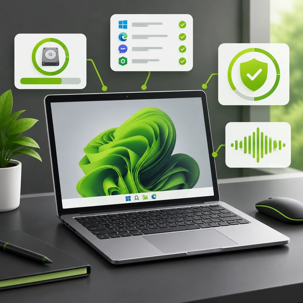 A healthy laptop with clear disk headroom, streamlined startup load, and a protected audio waveform