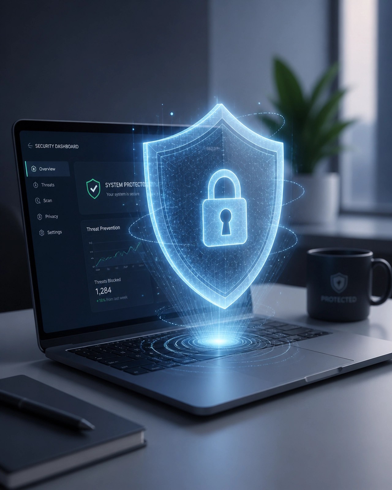 3D illustration of a glowing holographic shield over a laptop