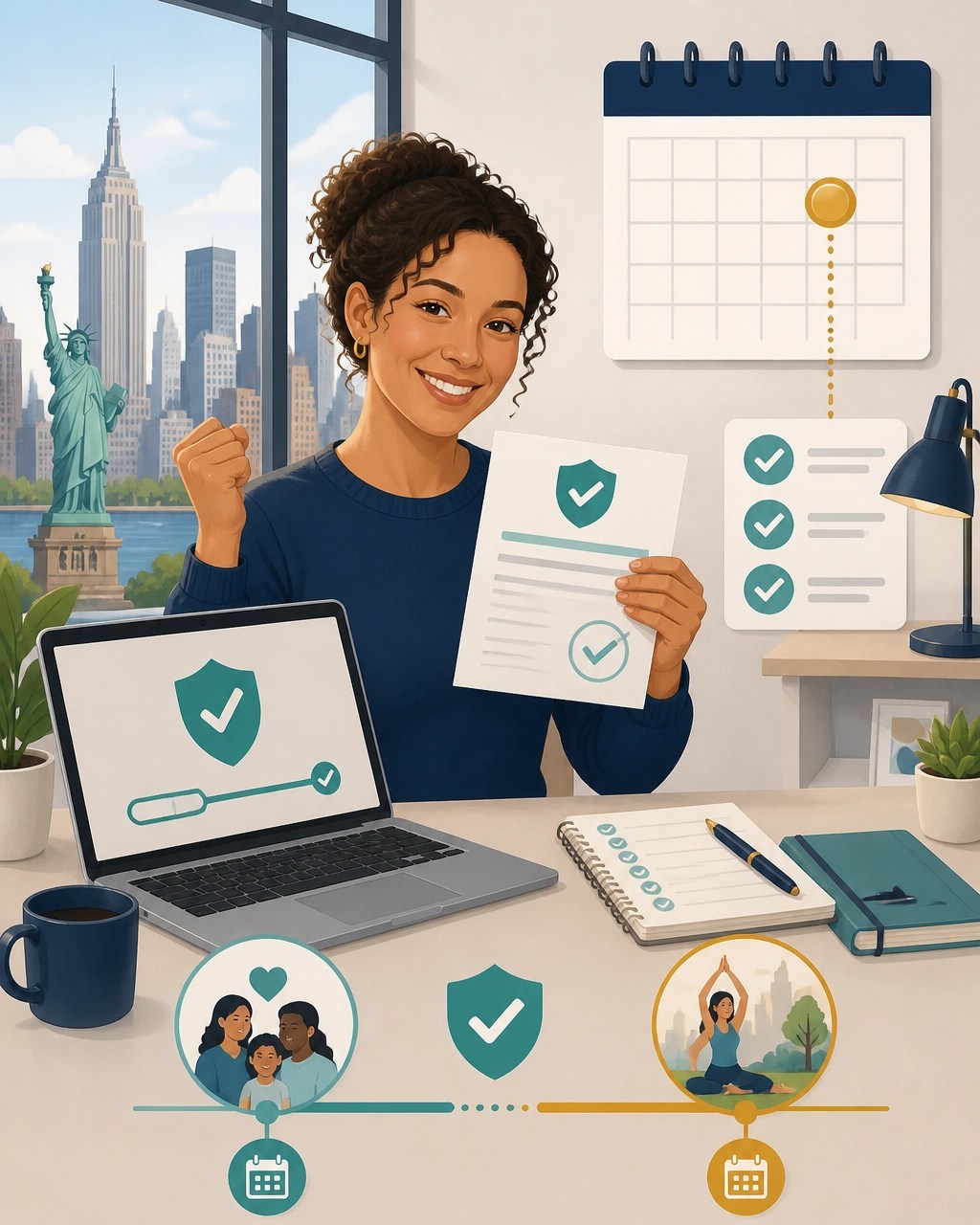 New York resident completing QHP enrollment with a calendar, checklist, and coverage confirmation