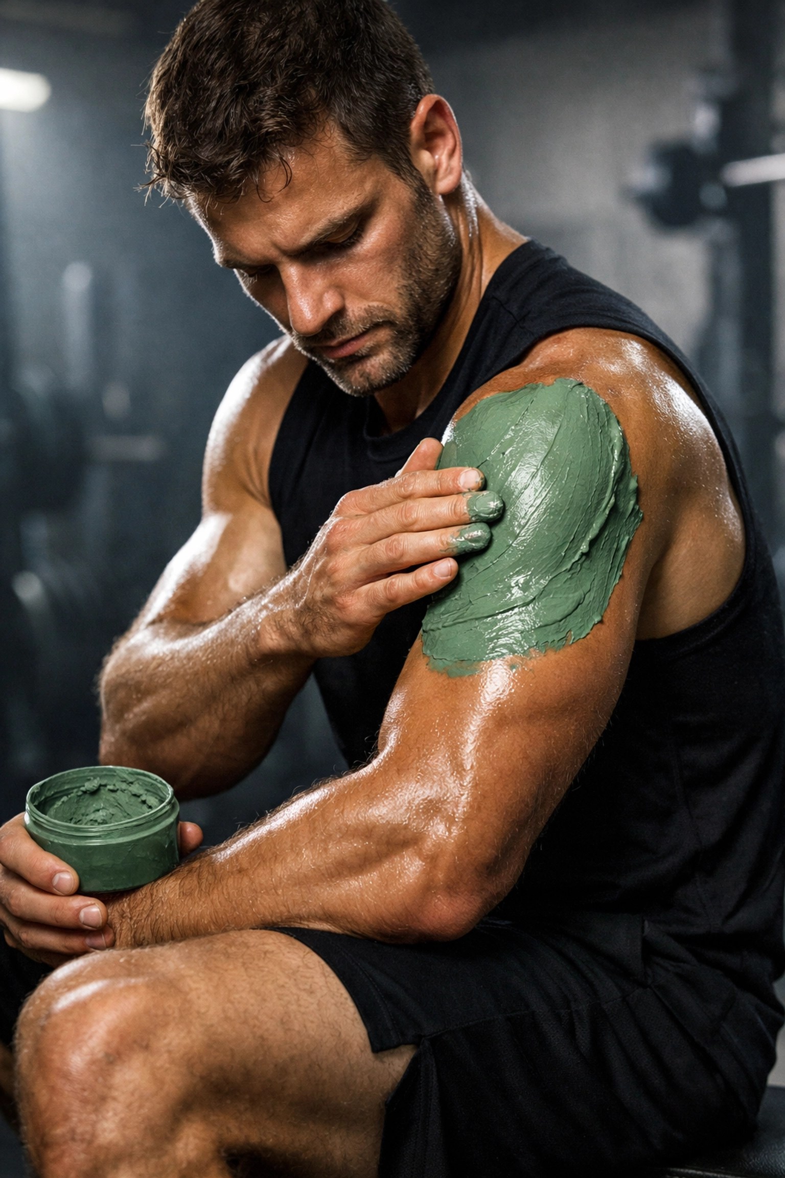 Athlete applying a thick layer of green clay to their shoulder for sports muscle recovery.