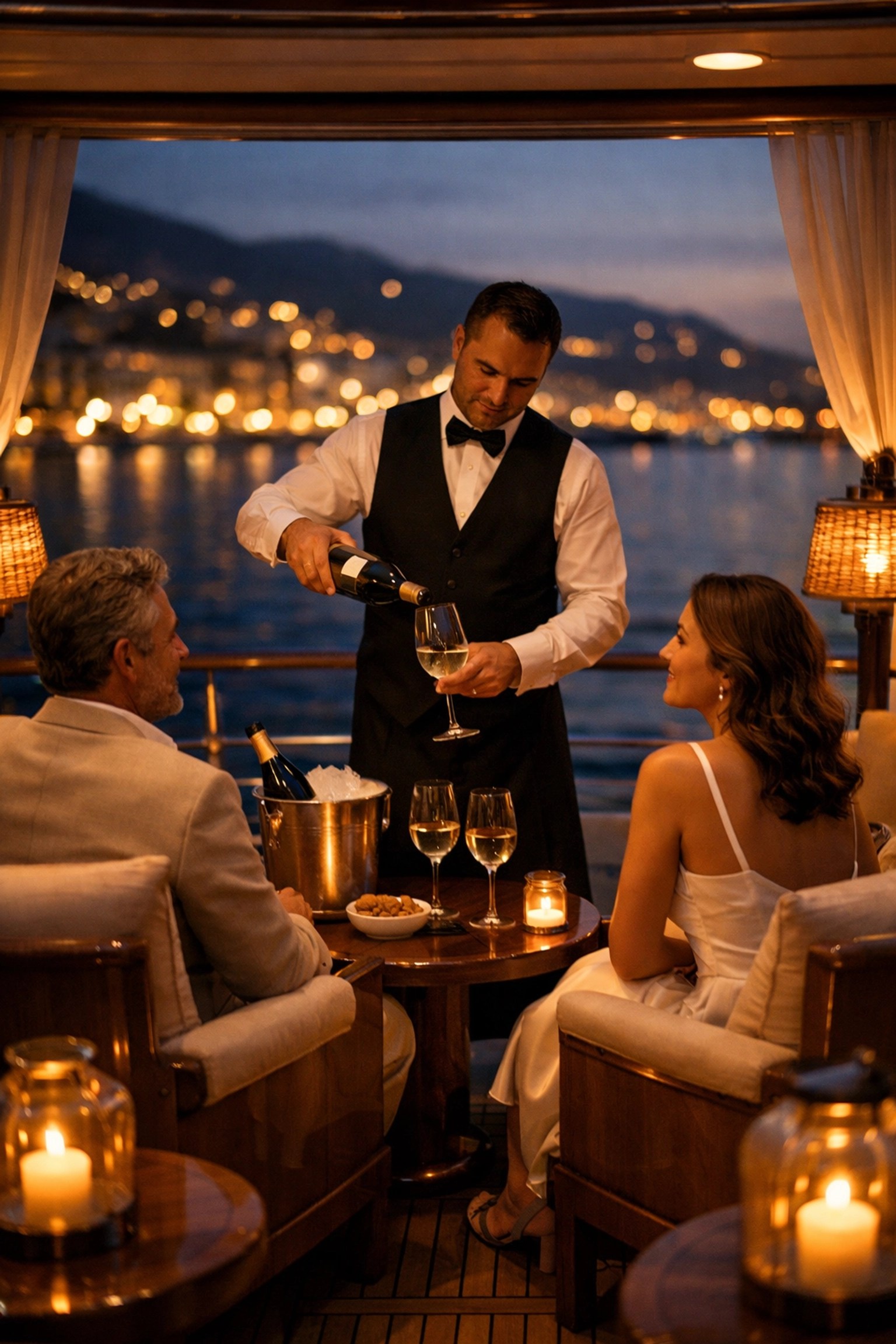 Intimate luxury yacht deck lounge at dusk featuring refined wine service on the Ritz-Carlton Yacht Collection.