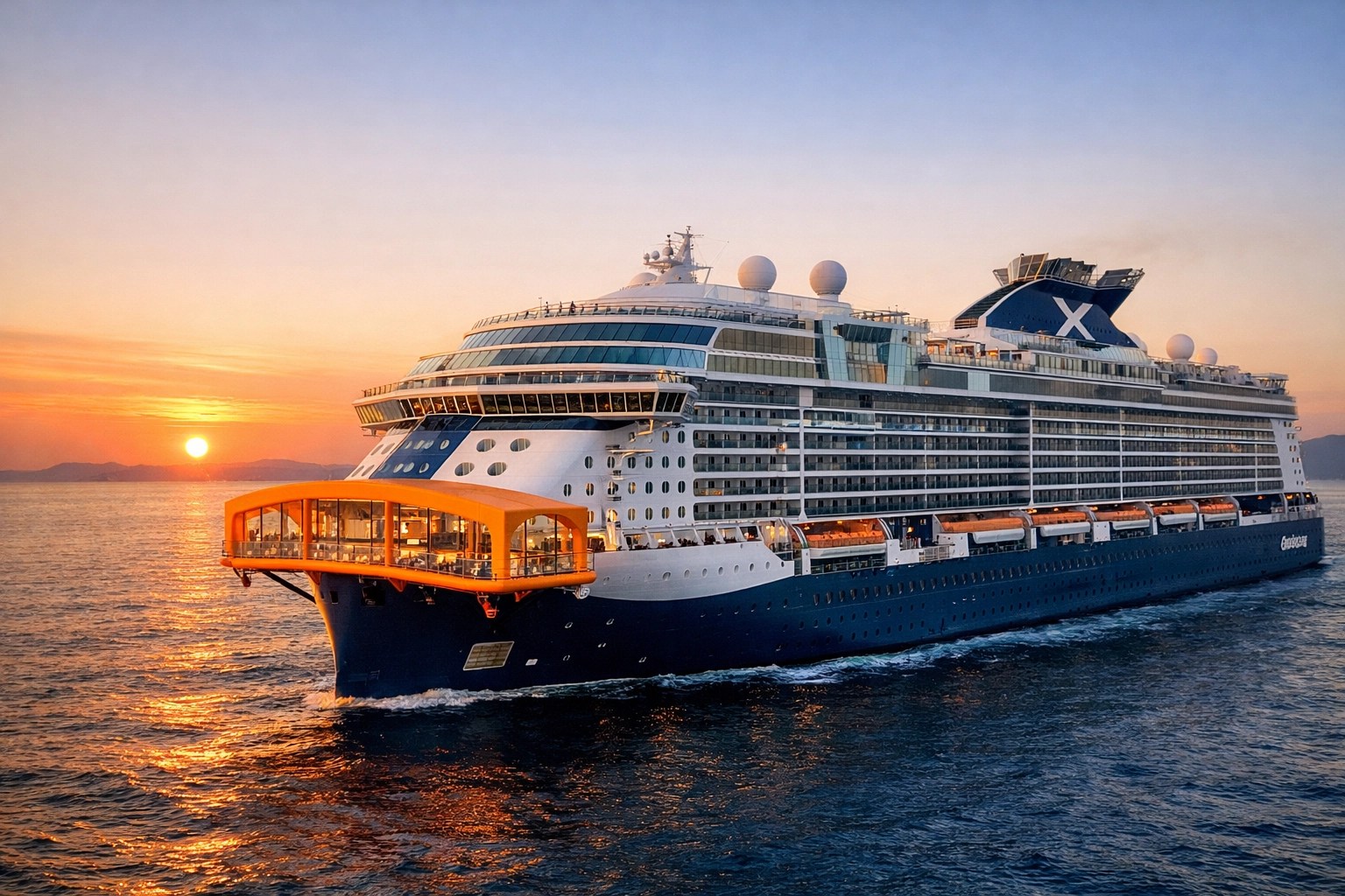 The innovative orange Magic Carpet platform cantilevered over the side of a Celebrity Edge ship at sunset.