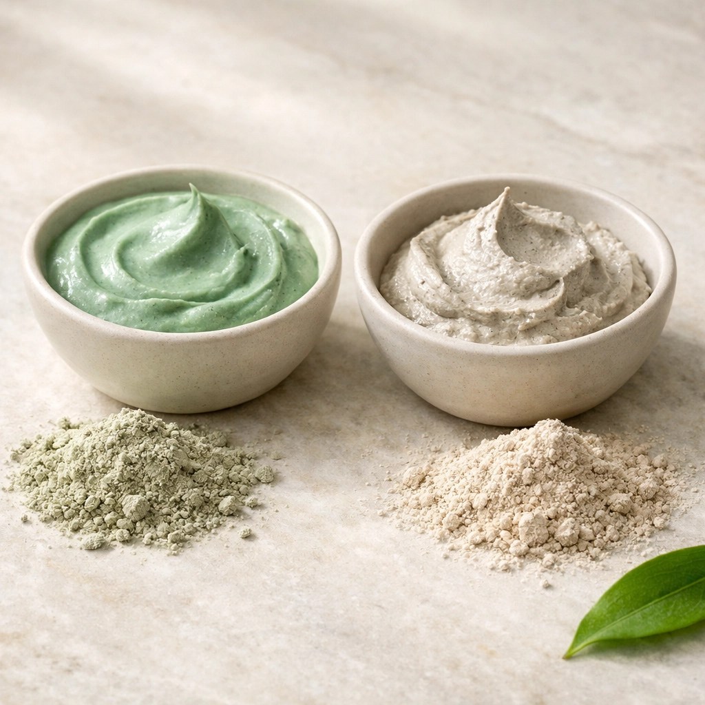 Comparison of vibrant French Green Clay and Bentonite clay pastes in bowls for a natural detox mask.