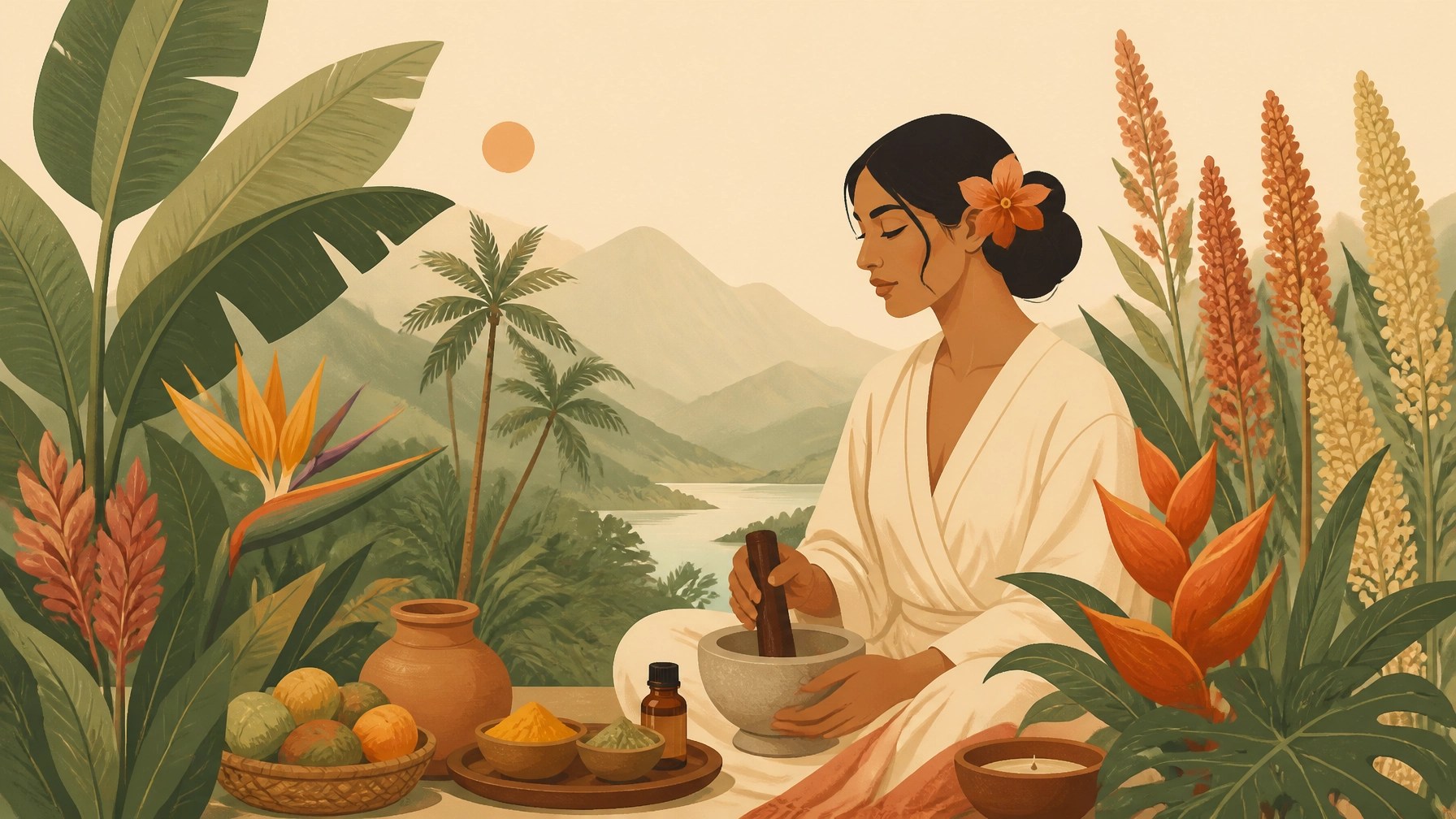 Ilustración minimalista de plantas tropicales y elementos ayurvédicos en tonos tierra