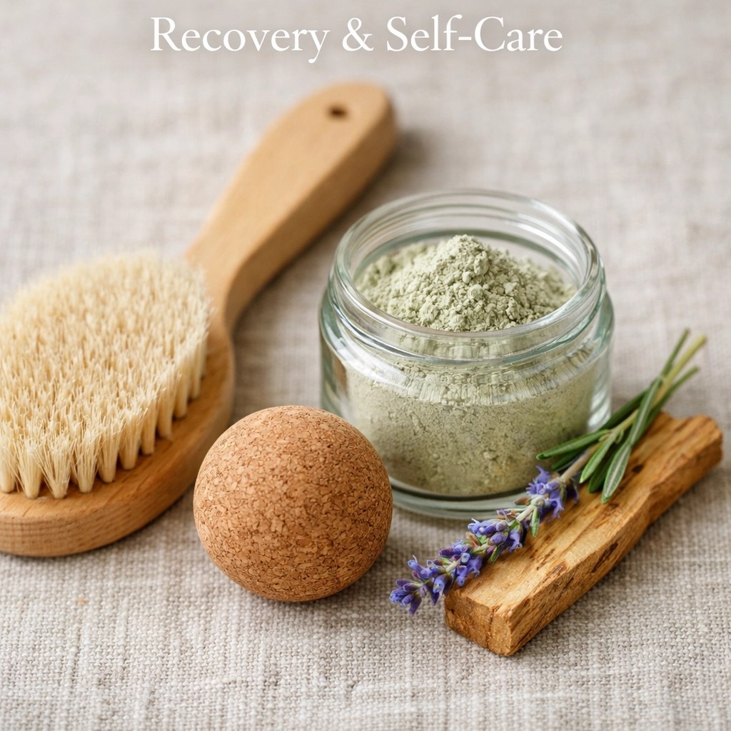 Self-care detox kit with green clay powder, a dry brush, and massage tools for natural healing gifts.