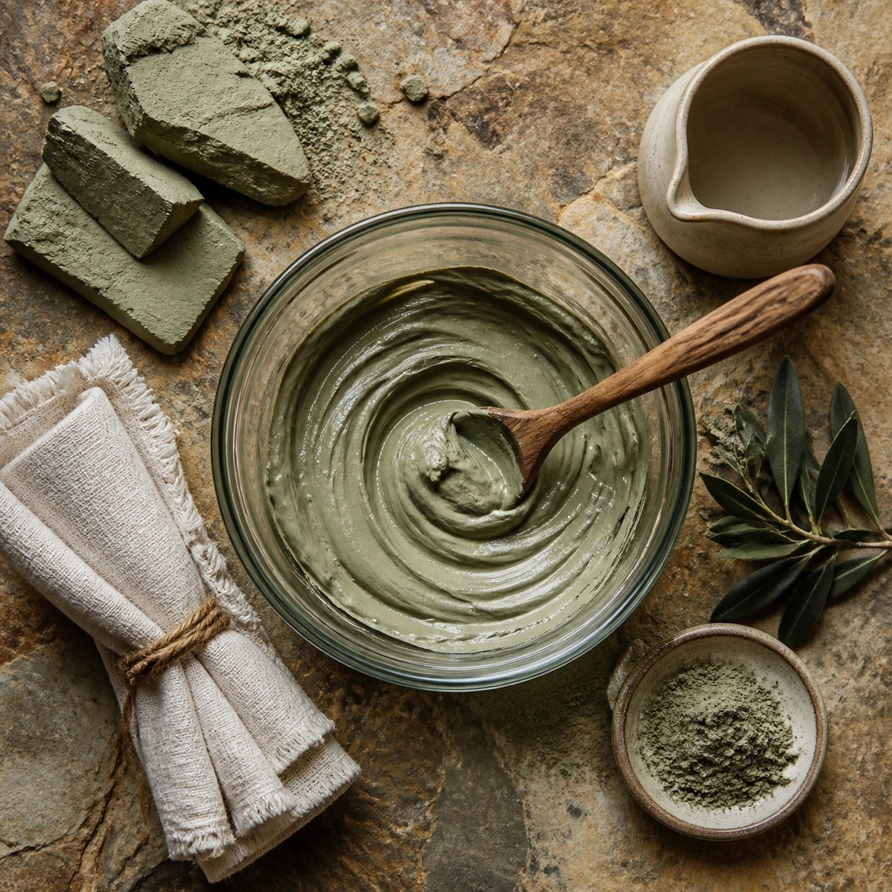 A natural healing ritual showing the preparation of a detoxifying green clay mask in a glass bowl.