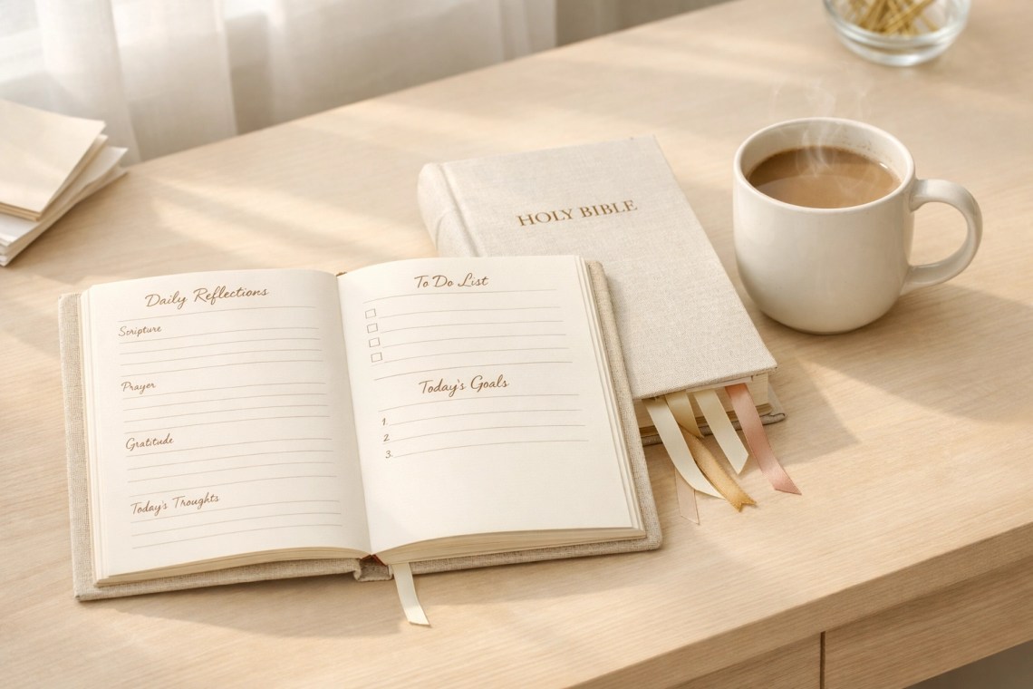 Morning devotional setup with an open Christian planner and Bible on a wooden desk.