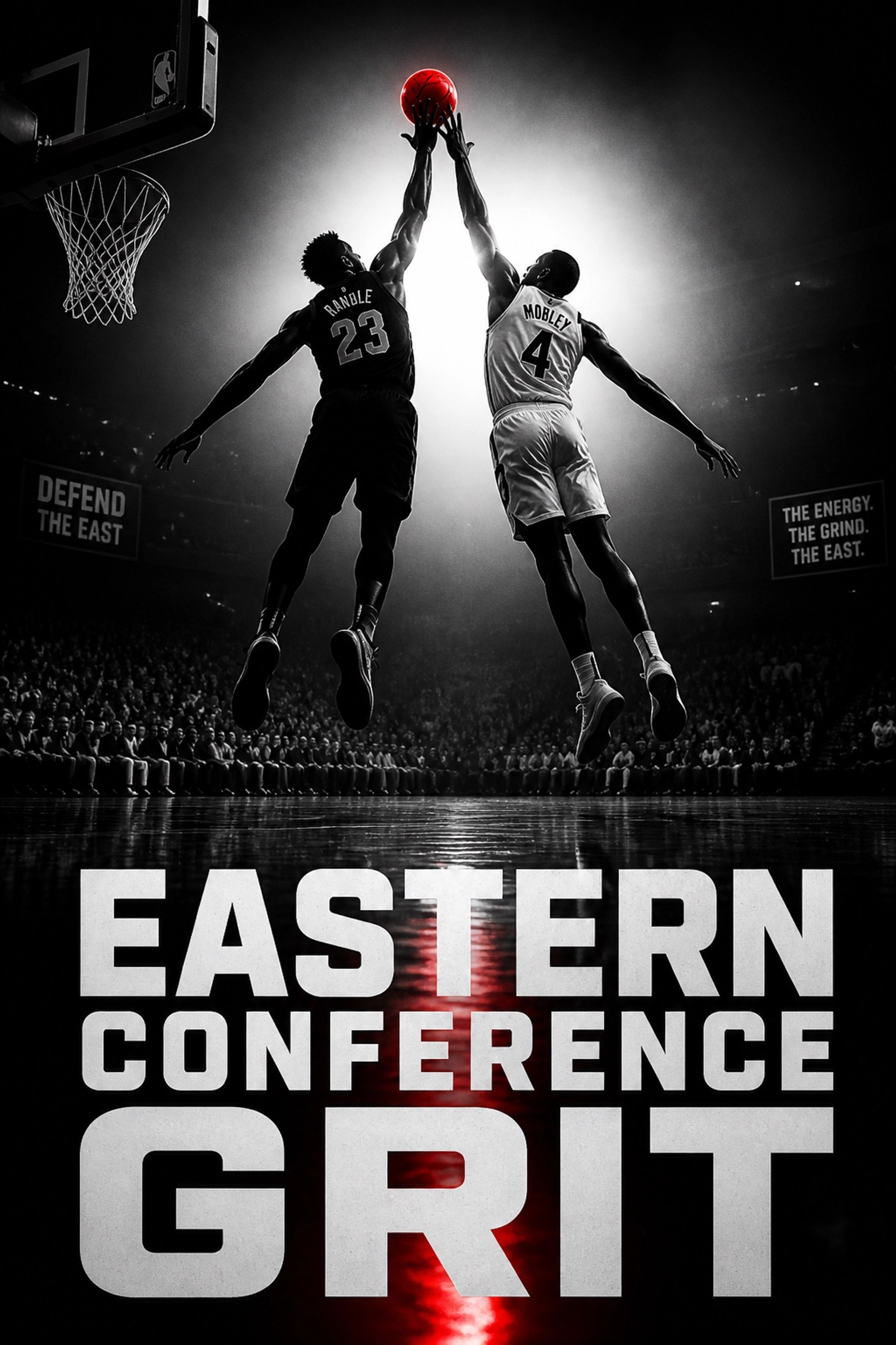 Silhouetted basketball players battling for a rebound representing NBA Eastern Conference grit and intensity.