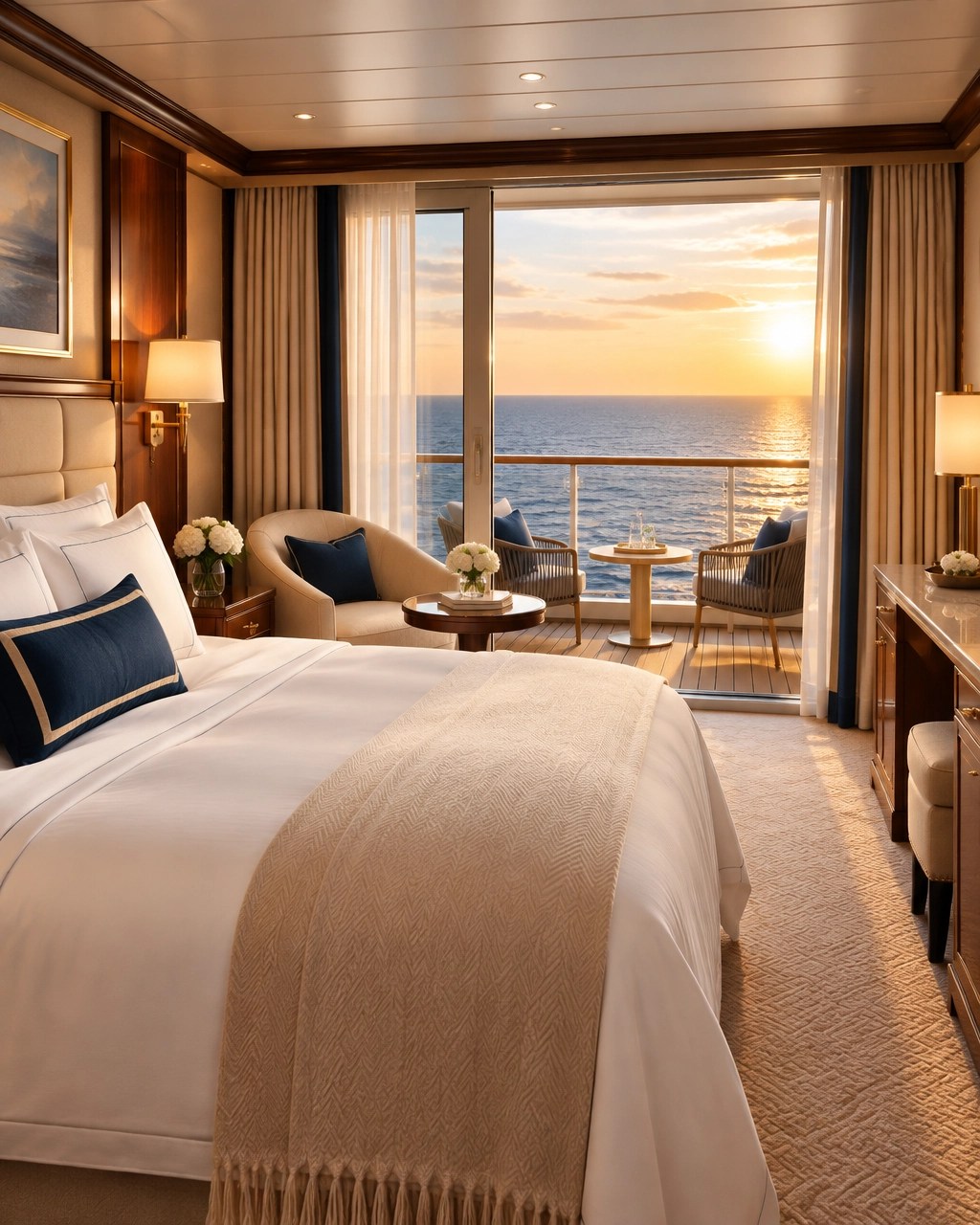 Elegant cruise balcony suite with ocean views and refined neutral design