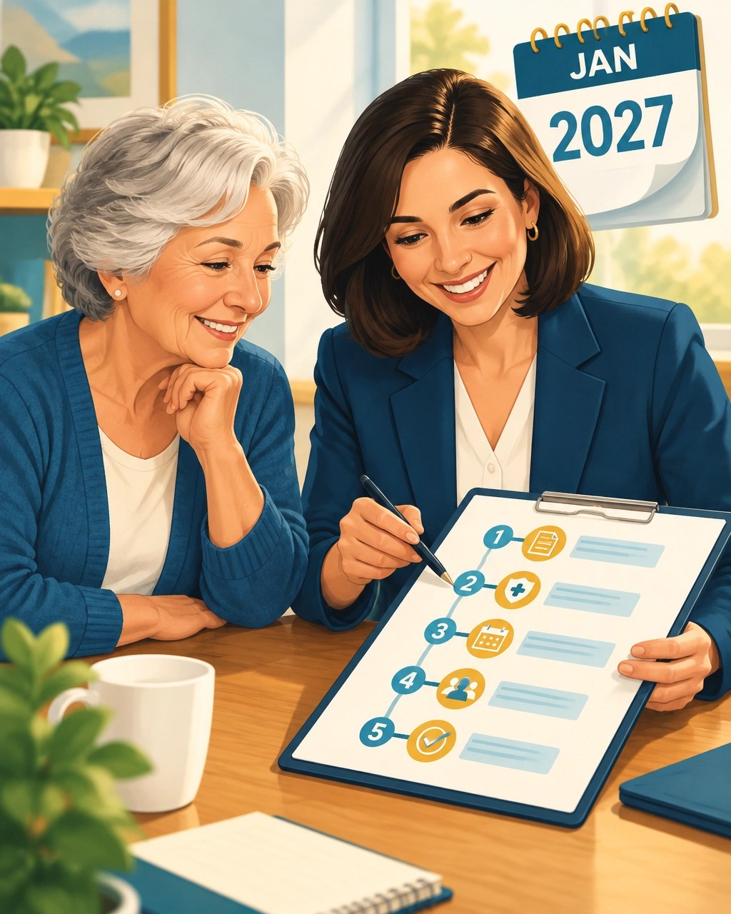 Senior woman and Medicare advisor completing a five-step enrollment roadmap