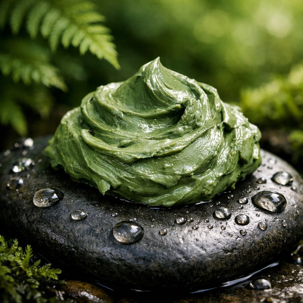 Thick dollop of natural wet green illite clay on a river stone surrounded by lush green foliage.