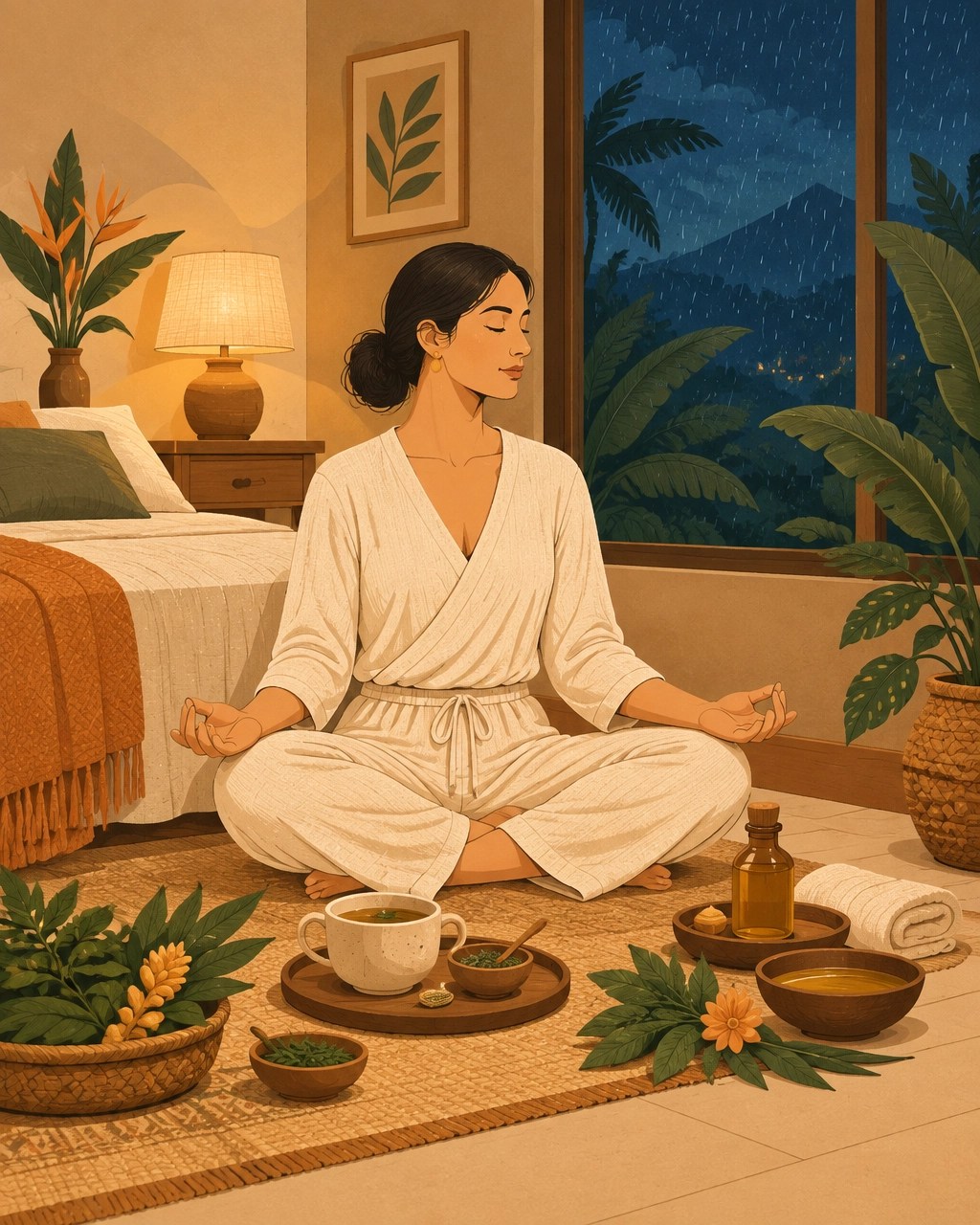 Ilustración de una persona practicando relajación nocturna junto a una infusión, aceite y plantas aromáticas