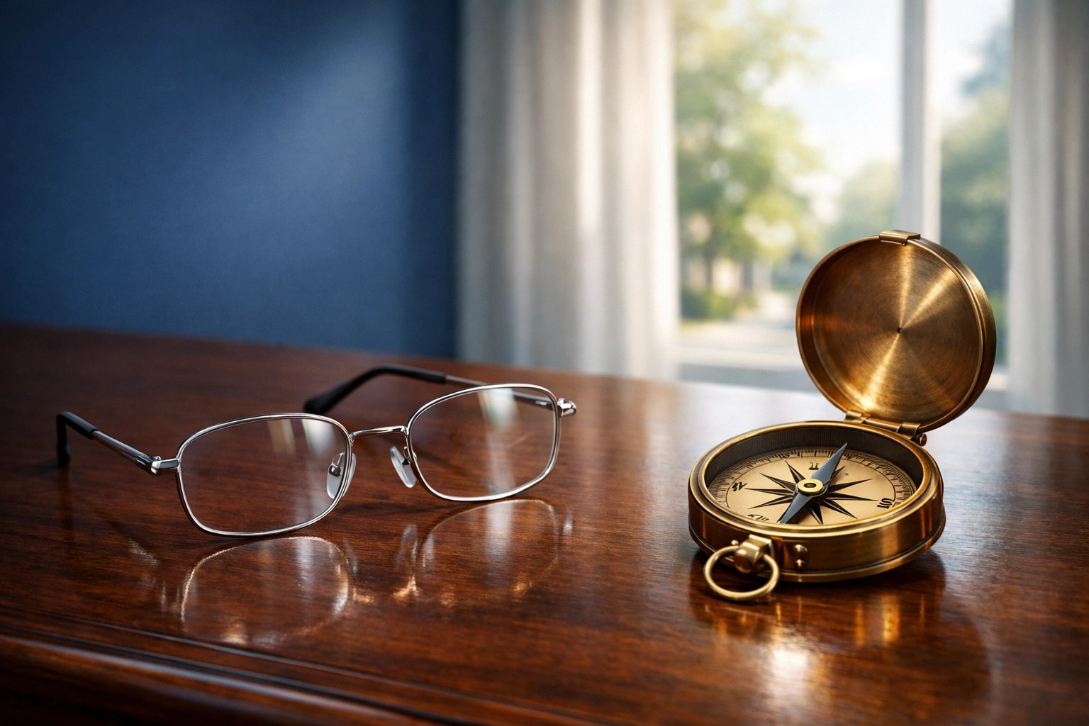 Glasses and a compass on a desk, symbolizing professional guidance for seniors choosing the right insurance policy.