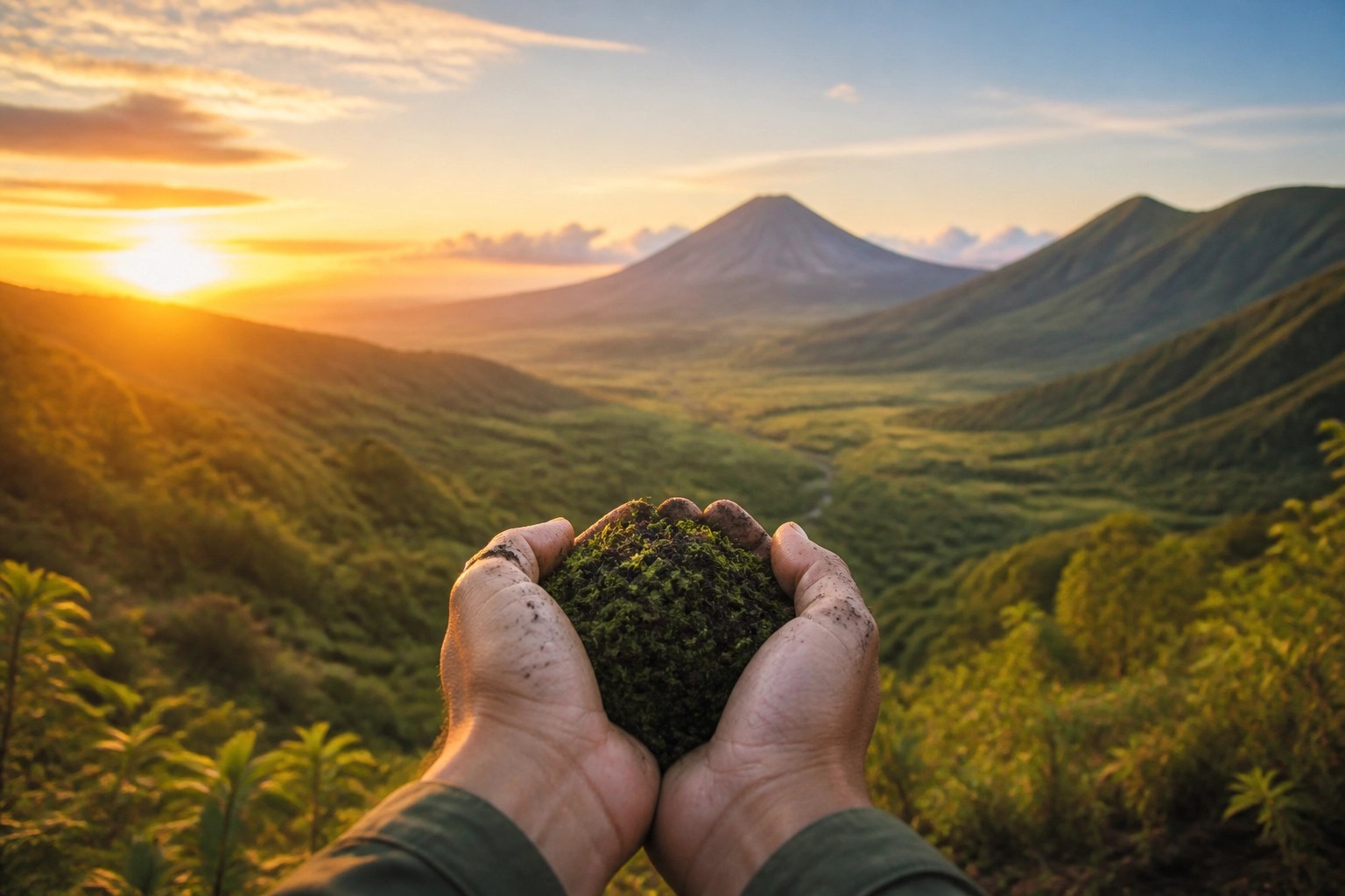 Hands holding damp green healing clay in a natural landscape symbolizing a connection to nature.