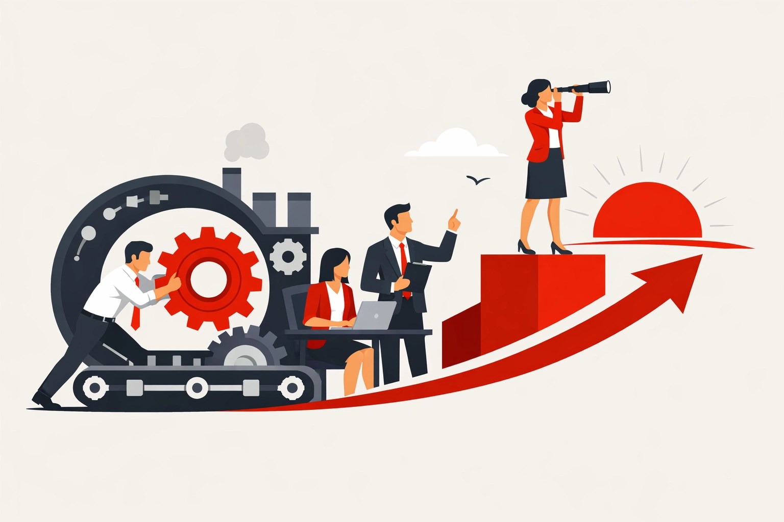 Minimalist illustration of a team using operational consulting to scale business efficiency and reach goals.