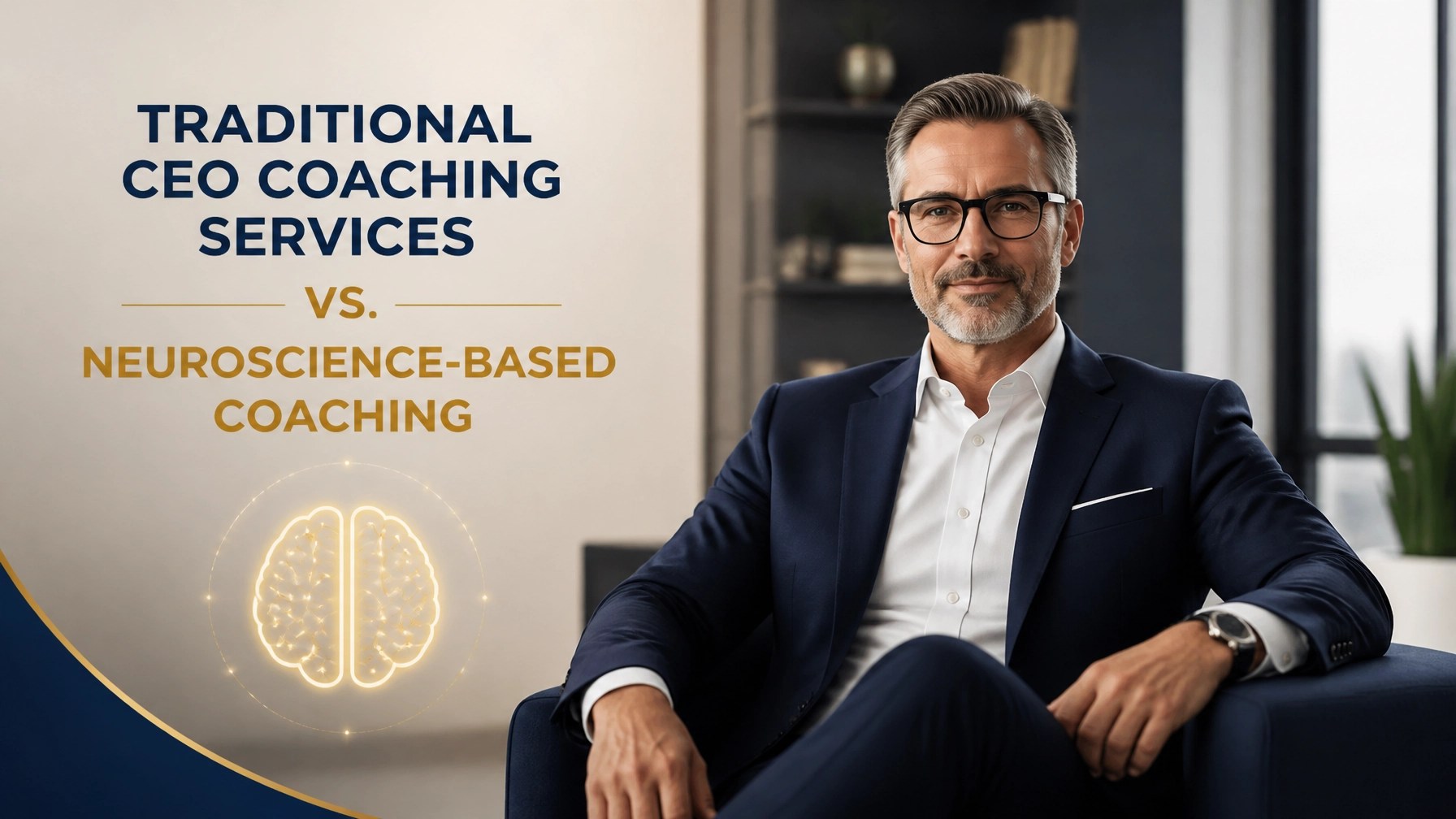A confident executive in a modern, well-lit office, representing the clarity and authority achieved through neuroscience-based coaching.